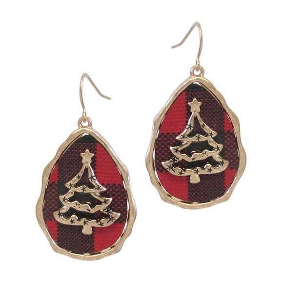 Holiday Christmas Gold Trees on Red and Black Buffalo Teardrop Hook Earrings - Picture 1 of 2